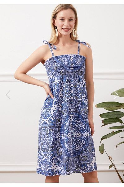 Alegante Women's Trendy Rope Strap Elastic Patterned Navy Blue Dress