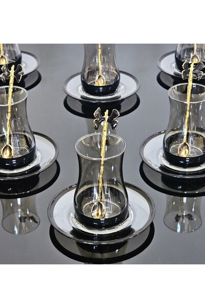 atabey home collection 18 Piece Fume Black Eva Tea Set - Black Butterfly with Teaspoon