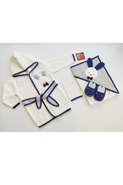 Gaye Erkek Bebek Lacivert Tavşan Nakışlı Havlu Bornoz Set