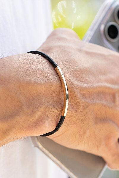 Cenova Jewelry 14 Ayar Altın Bar Siyah Kauçuk Erkek Bileklik