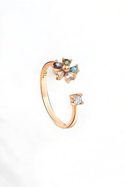 jelux silver Gümüş 925 Ayar Zirkon Mix Taşlı Papatya Ayarlanabilir Rose Yüzük