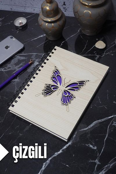 markcat Butterfly Themed Lined Notebook with Wooden Cover - Agenda and School Notebook (A5 - 120 Pages)