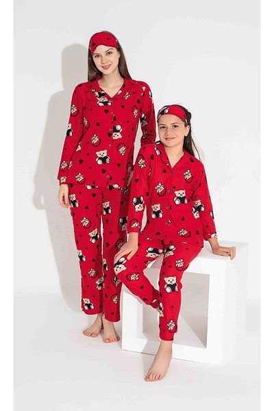 Tarık Red Bear Patterned Velvet Suede Pajama Set - Winter, Warm, Front Buttoned
