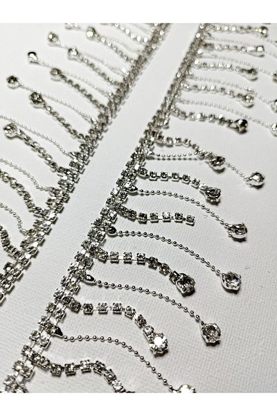 ALTAY TEKSTİL ÜRÜNLERİ Altai Silver Color Crystal Stone Chain Fringe Ribbon