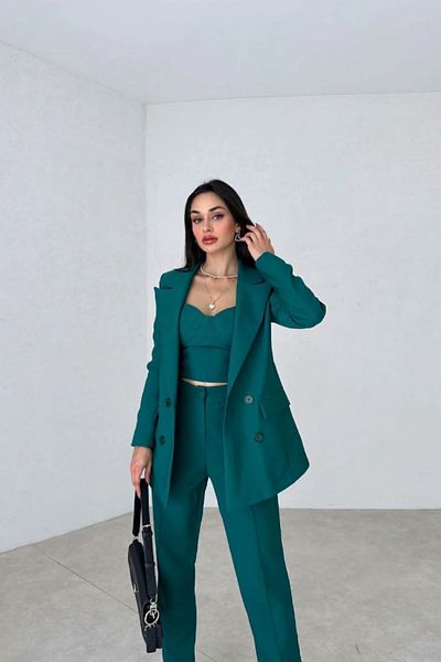munora butik مجموعة من 3 سراويل عالية الخصر معطف بوستير باللون الأخضر