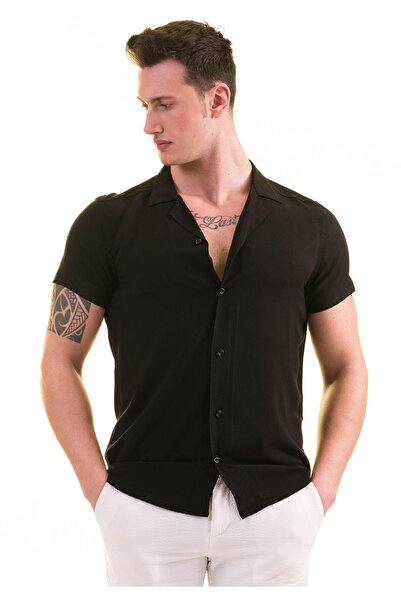 Exve Exclusive Μαύρο κοντομάνικο πουκάμισο Basic Oversize Relaxed Fit Soft Touch