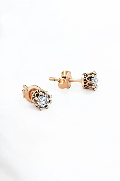 jelux silver Gümüş 925 Ayar Taç Model Tek Taş 4.5 Mm Çivili Rose Küpe