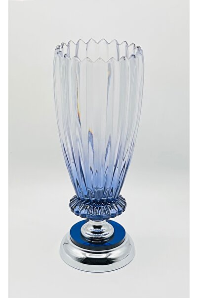 Furkan Μπλε Γυάλινο Βάζο με Μεταλλικά Ασημένια Πόδια