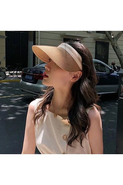 qoop store Camel Imported Striped Straw Visor Hat Boxed Shipping