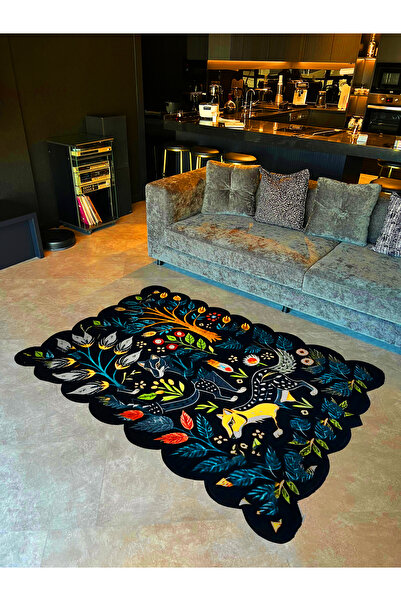 Rugs Modern Halı Shape Koleksiyonu Siyah Tema Ağaç Çiçekler ve Kaplan Desenli...