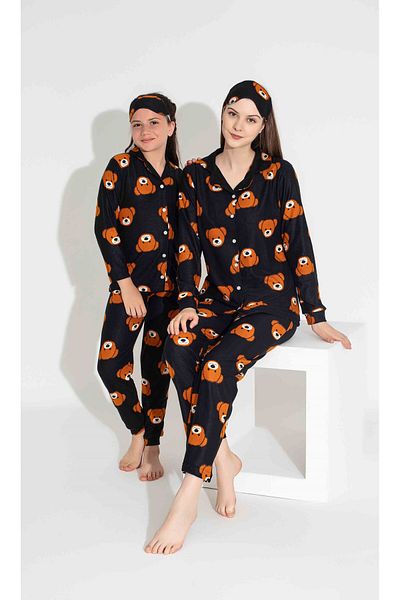 Tarık Black Suede Velvet - Dog Patterned Girl and Mother Pajamas Set, Buttoned Front, Warm Winter Pajamas Set