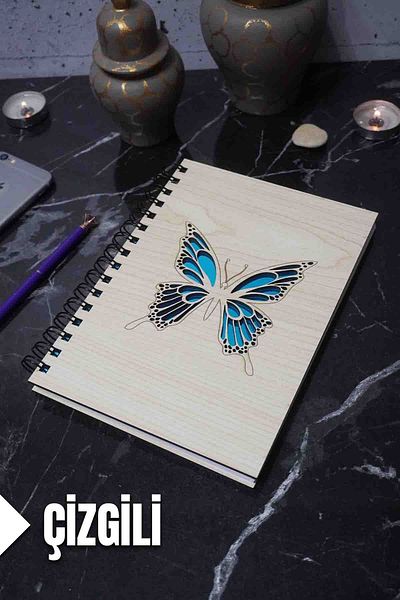 markcat Butterfly Themed Lined Notebook with Wooden Cover - Agenda and School Notebook (A5 - 120 Pages)