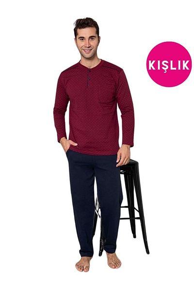 bie's Claret Red Navy Blue 3-button-chest Pocket Winter Long Sleeve 100% Cotton Pajamas Set-wide Fit
