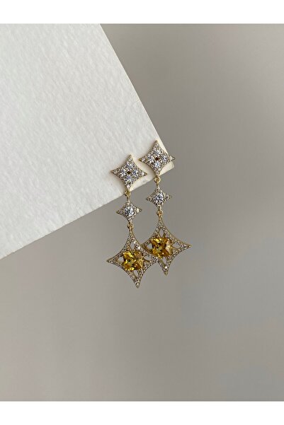 Owentis Çelik Sarı Kristal Taşlı Işıltılı Dimensios Küpe -kararma yapmaz-