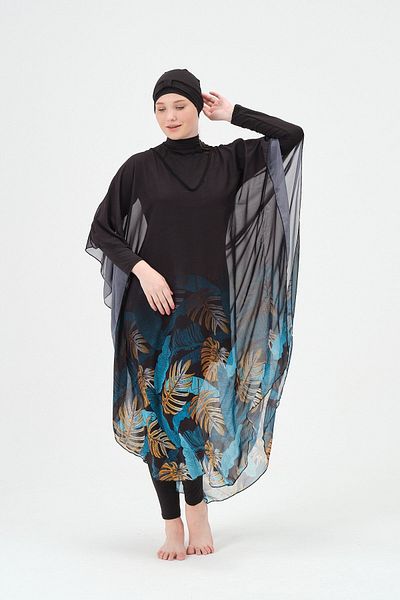 vawensea Women's Blue Leaf Panel Patterned Single Pareo on Hijab Swimsuit