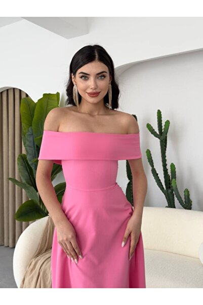 Julidress Ροζ Atlas Midi Φόρεμα - Madonna Collar