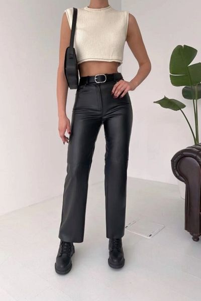 munora butik Кожени прави черни панталони