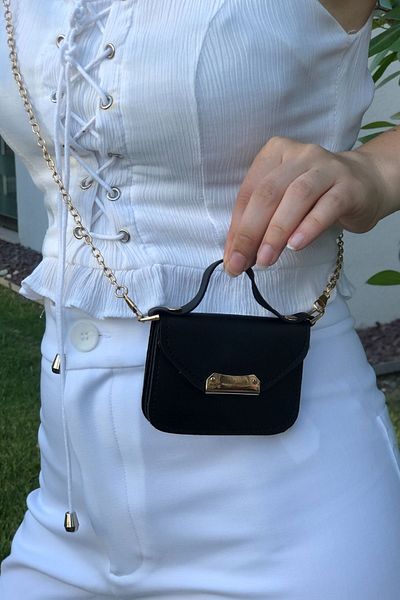 Defnella Mini curea cu lanț neagră Suport card de mână Geantă Crossbody 10x7cm