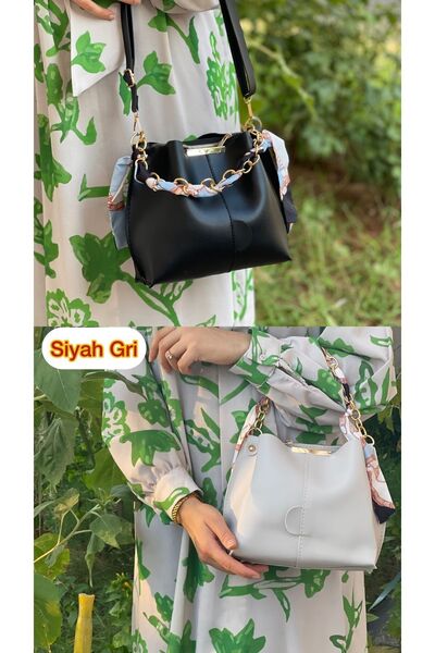 ESTUTE Kadın 2 Li Paket Fularlı Zincir Aksesuarlı Yumuşak Deri 3 Bölmeli El K...