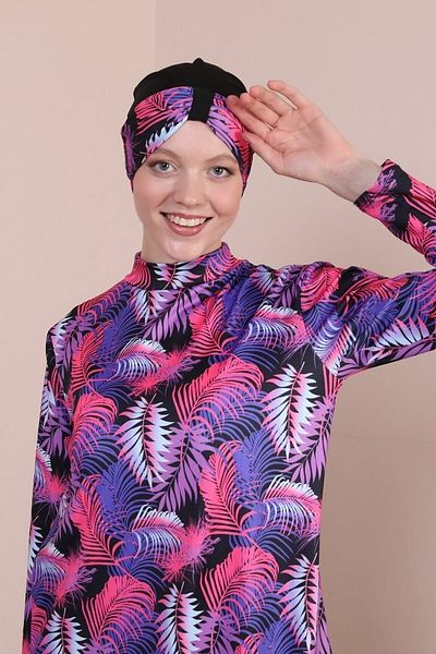 Fitsauna Hawaiian Patterned Fit Sauna Long Sleeve Hijab Swimsuit