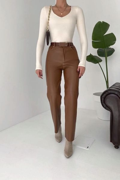 munora butik Δερμάτινο ίσιο μαύρισμα παντελόνι