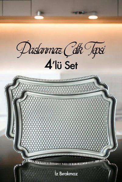 Moreva 4'lü Paslanmaz Metal Kahve Sunum Söz Nişan Tepsi 28x20 cm Parmak İzi B...