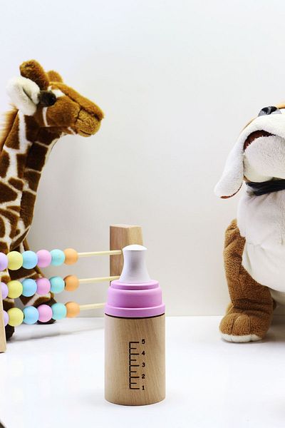 Monchi Wooden Baby Bottle, Toy Decorative Gift Baby Bottle Pink Color