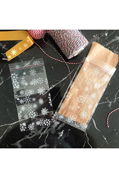 Hayal.kirtasiyesi Şeffaf Poşet 10x20 Cm 10 Adet Kar Tanesi Desenli Ağzı Yapışkanlı Hediye Poşeti Yılbaşı Hediyesi