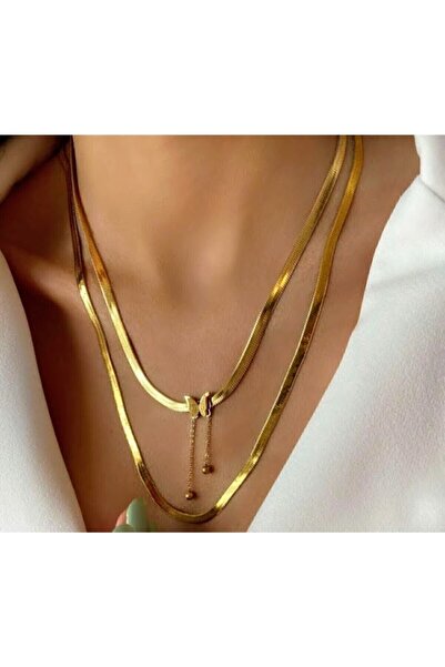 Bahar Takı ve aksesuar Kadın Çelik Yassı Kelebek Kolye 2li Set