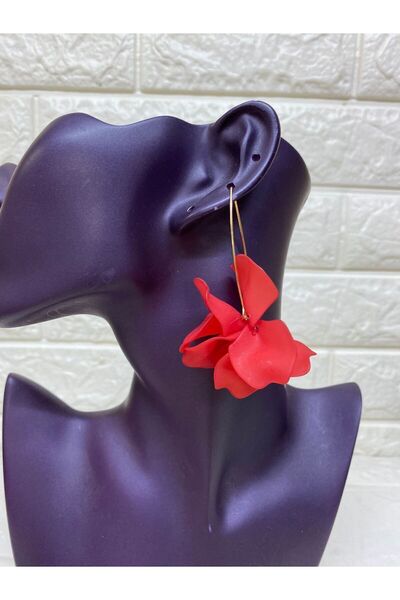 sema aksesuar Summer Red Flower Leaf Earrings - Acrylic Bone Earrings