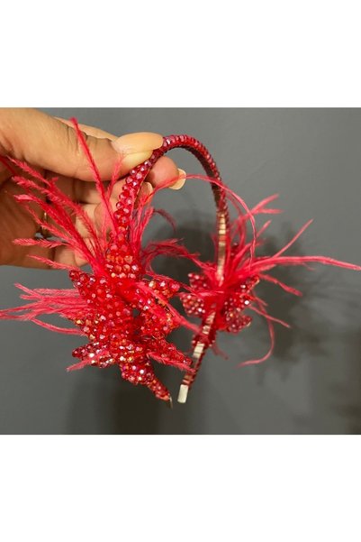 DesaAccessories Kırmızı Tüy Detaylı Kına,düğün,gelin Saç Aksesuarı