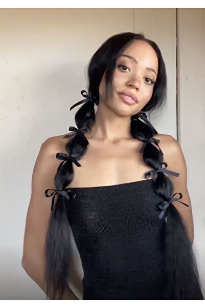 almisbows Kadın Saten Kurdele Mini Fiyonk Toka 6’lı Siyah