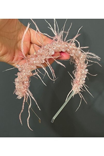 DesaAccessories Pudra Pembesi Kristal Taşlı Tüylü, Nişan, Kına, Düğün Tacı