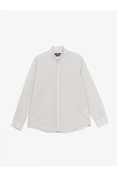 LC Waikiki Southblue Beige Striped Men's Shirt - Regular Fit, Long Sleeve