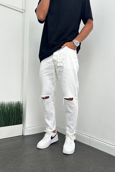 Denim Shorty Boyfriend White Knee Ripped Model Τζιν παντελόνι