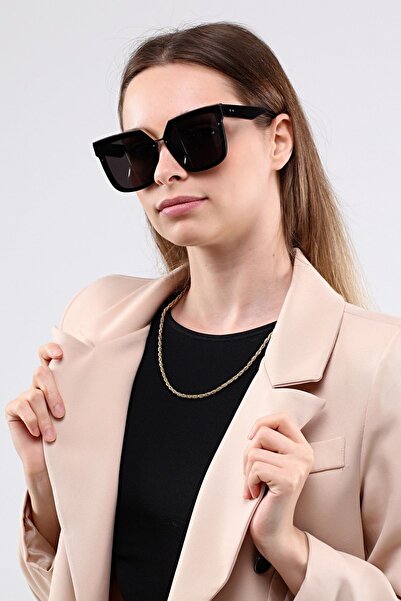 Zevahir Kadın Siyah Gold Detaylı Geniş Güneş Gözlüğü