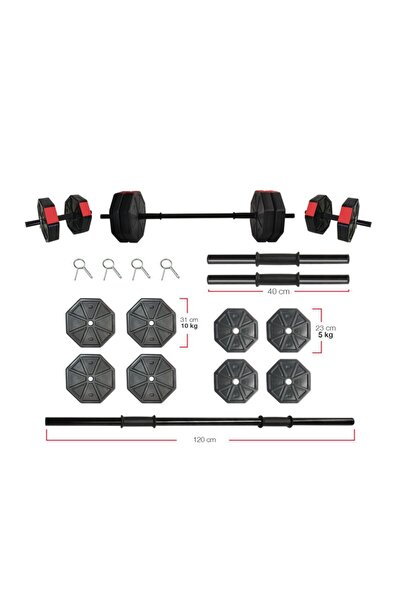 TAN SPOR 60 Kg (150 CM)düz Barlı Dambıl Seti Ağırlık Halter Seti Vücut Geliştirme Set Kırmızı Kapaklı