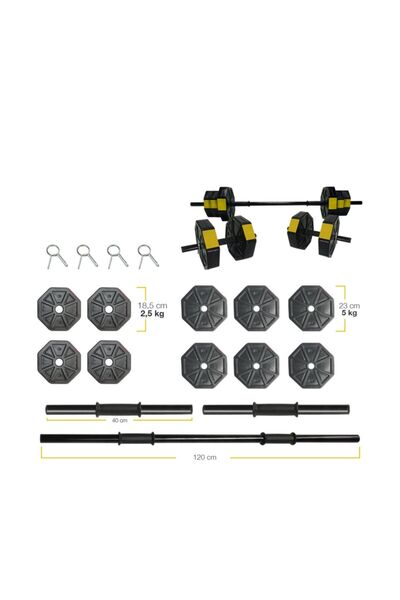 TAN SPOR 40 Kg (150 Cm ) Düz Barlı Dambıl - Dumbell - Ağırlık - Halter - Vücut Geliştirme Set Sarı Kapaklı