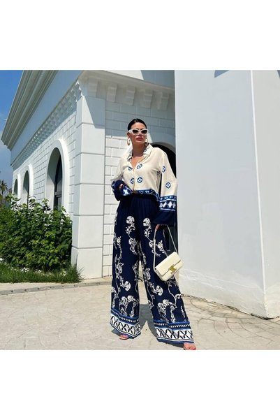Julidress Blue White Color Pattern Shirt Pants Bottom Top Premium Set