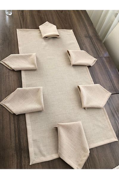 İpekce kanavice Kapicino Color Linen Fabric 6 Napkins 1 Runner Service Set