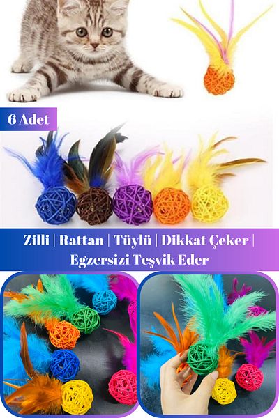 Hane Dostu 6 Colorful Furry Cat Dog Chewing Balls - Rattle Fun