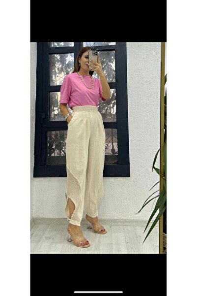 NUR TEKSTİL kadın krem %50 Pamuk %50 Keten Beli Lastikli Paçası Düğmeli Filel...