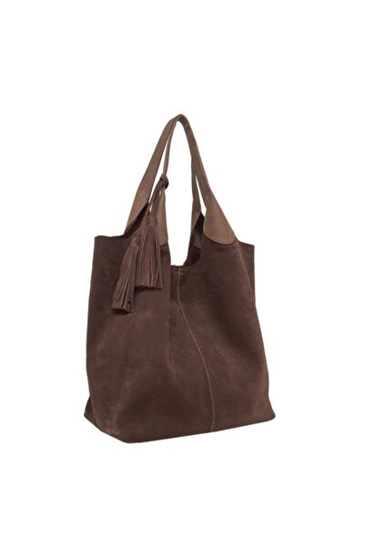 Ysmn حقيبة كتف نسائية من الجلد الطبيعي من جلد الغزال بمقبضين وتفاصيل شرابة باللون البني Yc011969DSU