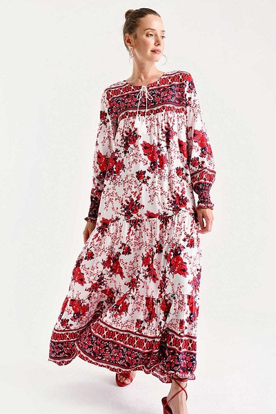 Bigdart Women's Red Sleeve Gathered Robe Floral Pattern Dress