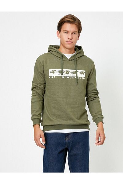 Koton Men's Green Hooded Letter Printed Long Sleeve Sweatshirt