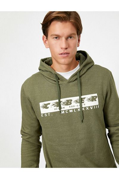 Koton Men's Green Hooded Letter Printed Long Sleeve Sweatshirt