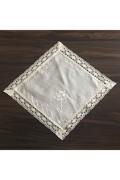 Yavuz Tekstil Dowry Silk Woven Lacy Napkin 100% Silk Handcrafted Cream