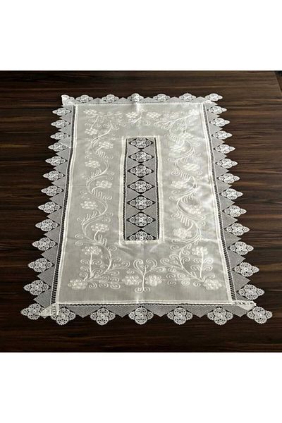 Yavuz Tekstil Dowry Silk Woven Needle Embroidered Runner 100% Silk Handcrafted Cream