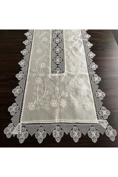 Yavuz Tekstil Dowry Silk Woven Needle Embroidered Runner 100% Silk Handcrafted Cream