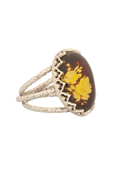 Takıdepo Damla Kehribar Içine Gül Oyma El Işi Gümüş Yüzük